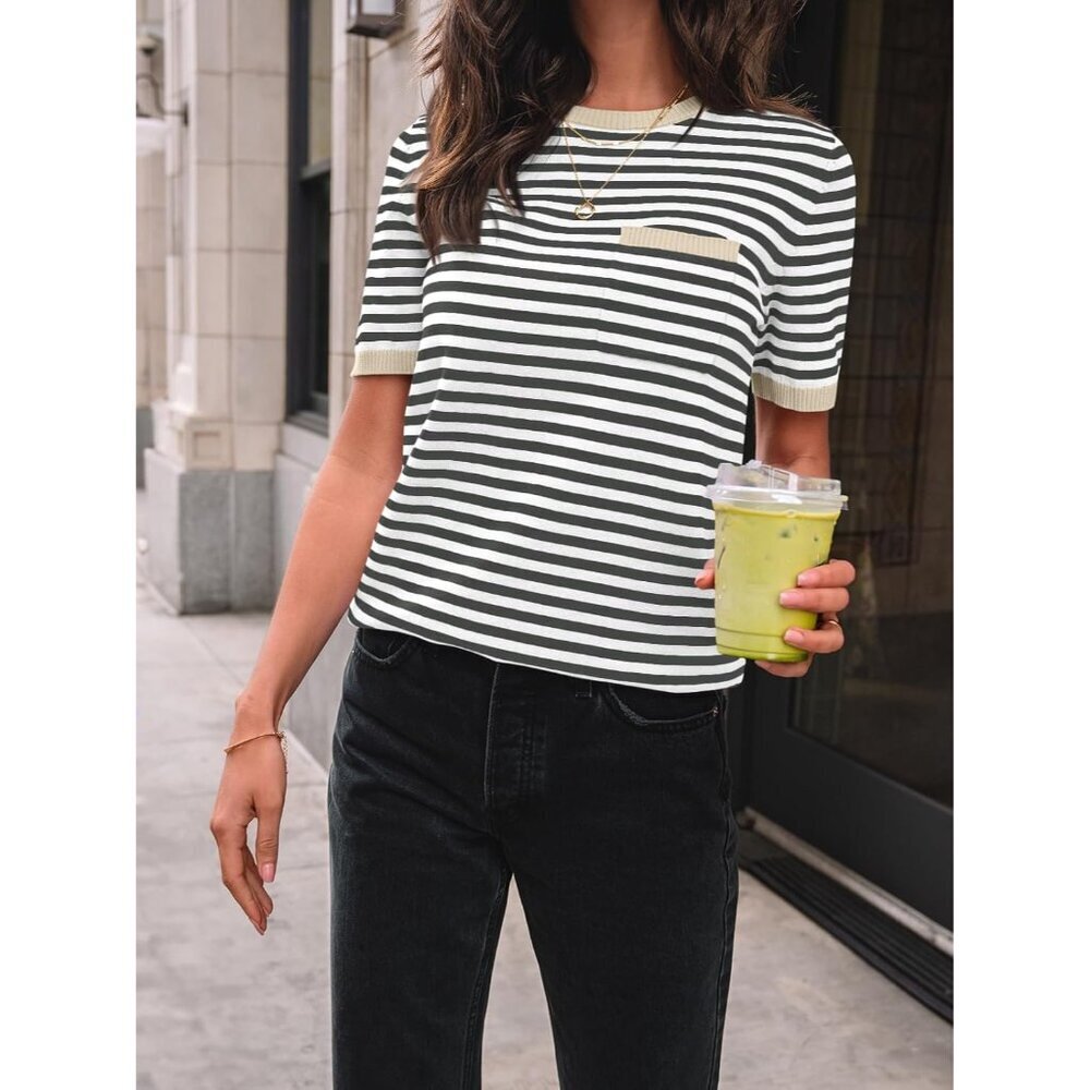 Womens Striped Short Sleeve Sweater Pullover Shirts with Chest Pocket - Picture 5 of 5